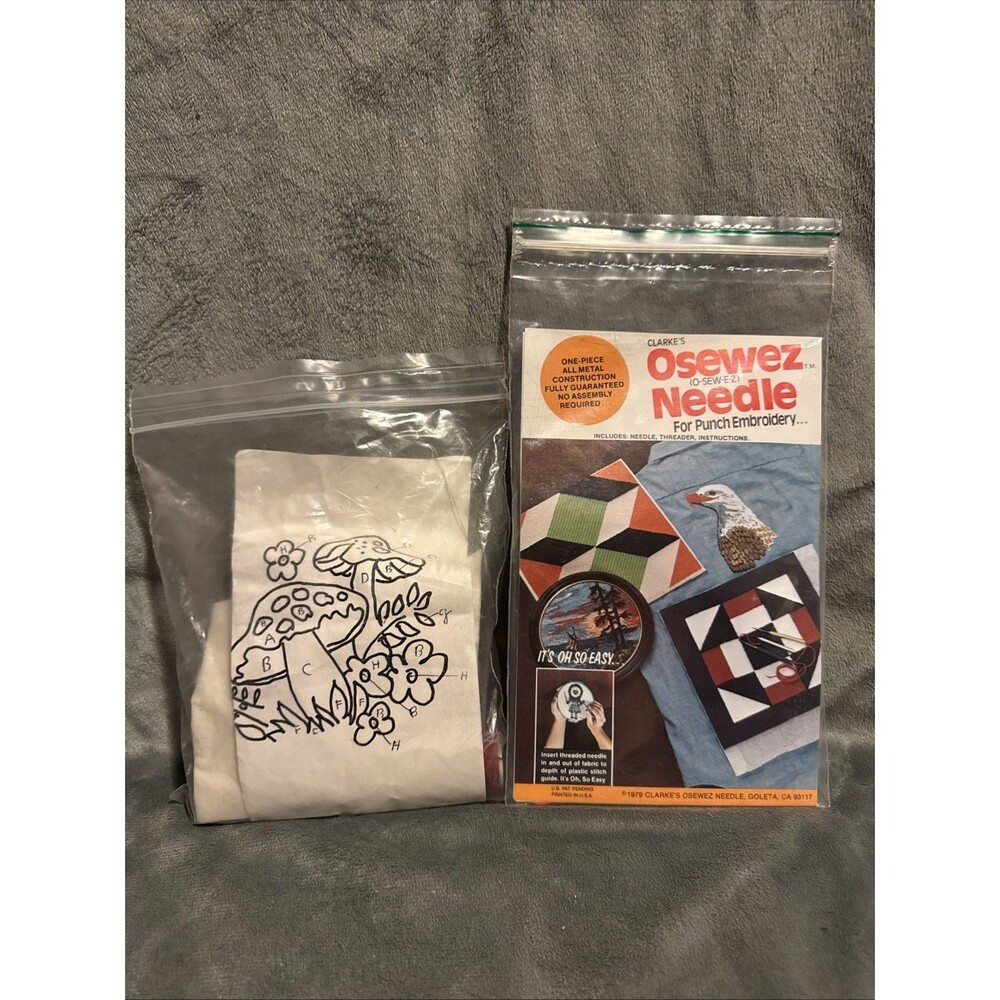 Vintage 80s Oh So Easy Clarke's Osewez Punch Embroidery Kit Mushrooms